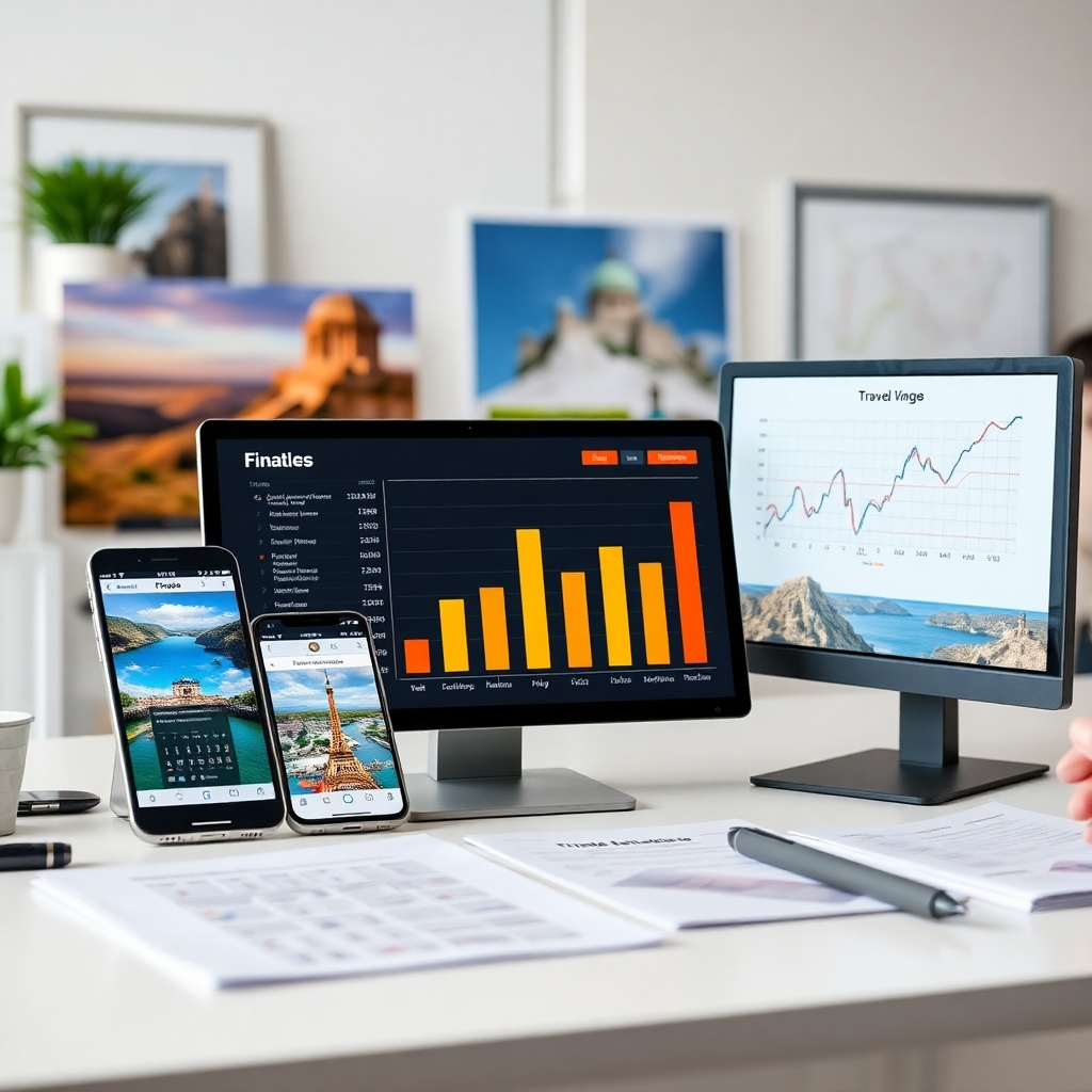 A stylized image, high quality, showcasing financial planning tools such as apps and charts, alongside images of travel destinations.  Use a mix of photorealistic elements and graphic design elements. The lighting is professional, clear, and concise. The camera angle is straight-on.  Textures include the texture of the apps and screens, as well as the textures of the background images of the travel destinations.  The environment is a clean, modern digital workspace.  Relevant props could be digital devices and documents. The style is professional and efficient.
