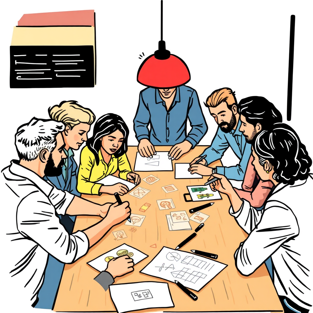 A stylized image of a brainstorming session for a new restaurant concept. A group of diverse individuals are gathered around a table, sketching ideas and discussing different concepts. The image should convey creativity and innovation.