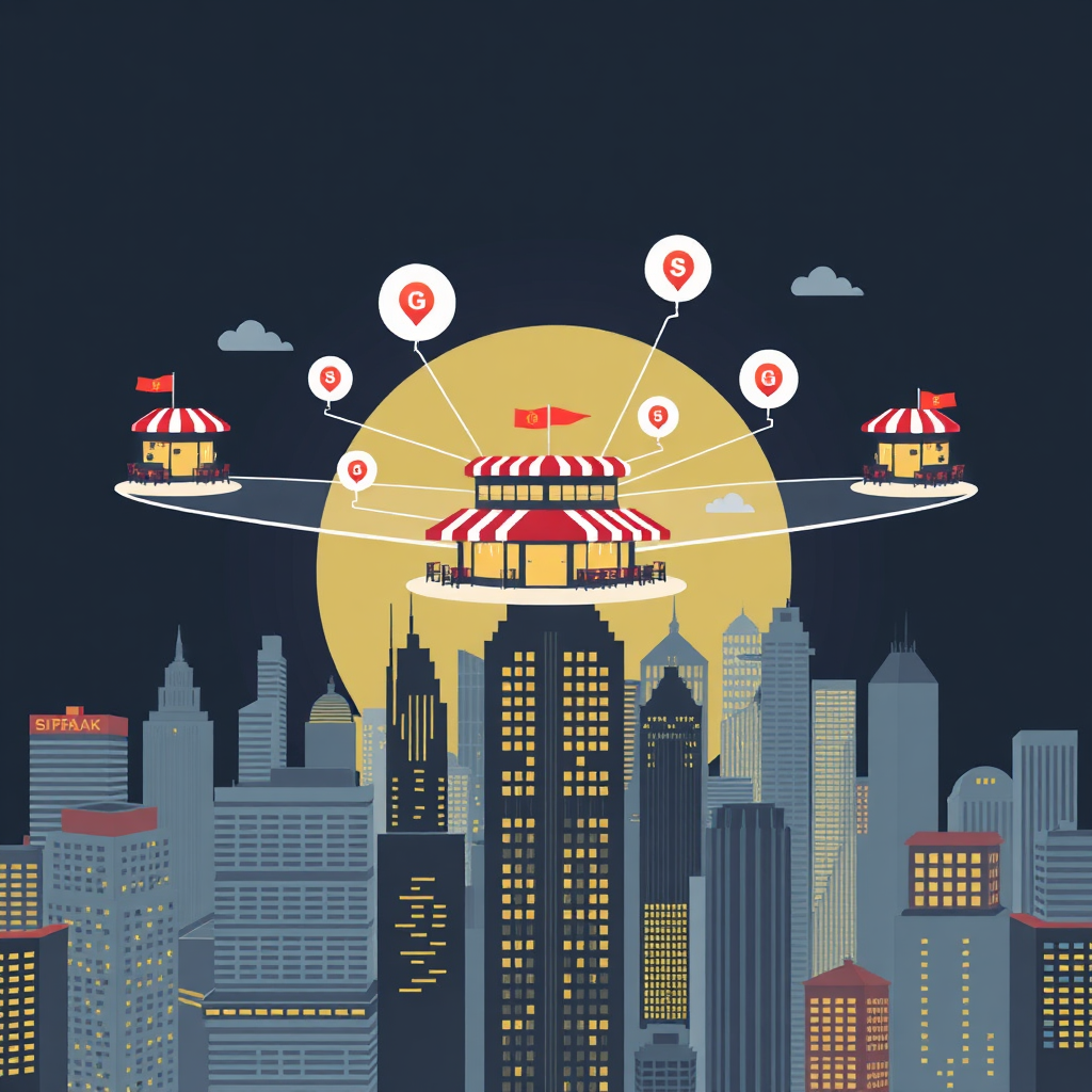 A stylized image of a restaurant expanding its reach across a city skyline. Multiple locations are depicted, connected by a network of strategic partnerships. The image should convey a sense of growth and expansion.