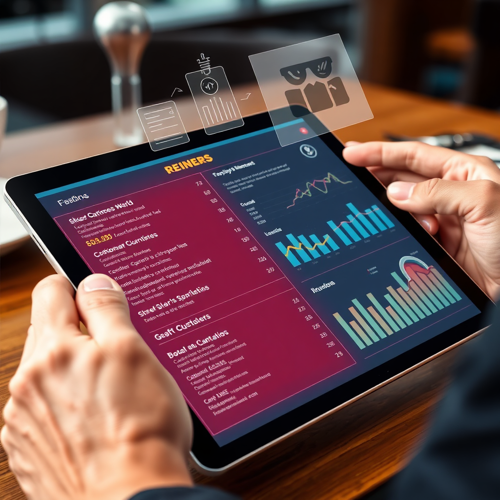 A stylized image of a restaurant menu being refined on a digital tablet. Data visualizations and charts overlay the menu, representing the insights derived from customer analytics. The overall feel is modern and tech-driven, conveying the power of data in restaurant management.