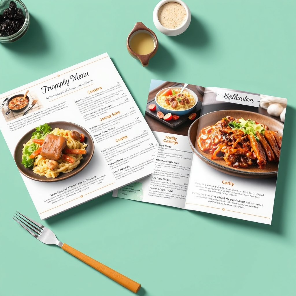 A stylized image showcasing a beautifully designed restaurant menu with mouthwatering dishes. The menu is visually appealing, with clear descriptions and enticing photography. The image conveys a sense of culinary creativity and strategic menu design.