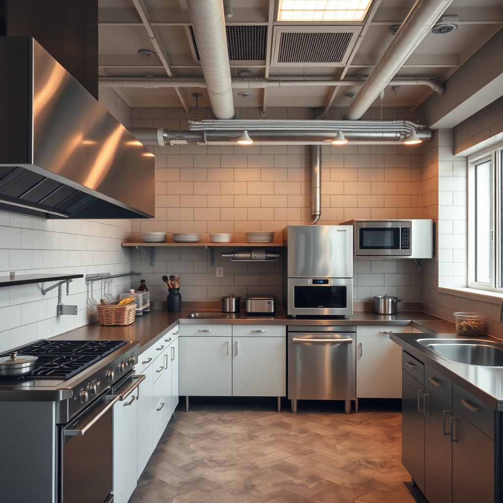A time-lapse image showing the seamless installation of kitchen equipment in a restaurant. The image should capture the progression from bare space to fully equipped kitchen. Soft lighting, focus on the smooth integration of appliances. Style references: Construction and architectural photography. 4K resolution.