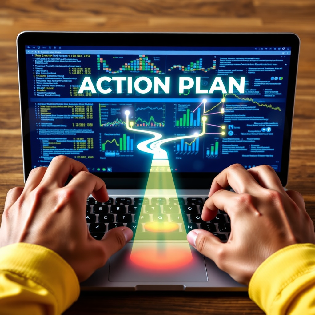 A vibrant image showcasing hands typing swiftly on a laptop keyboard, transforming data on screen into a clear action plan visualized as a path leading towards success; the image should blend the digital world of data with the real-world application in a dynamic, actionable way.