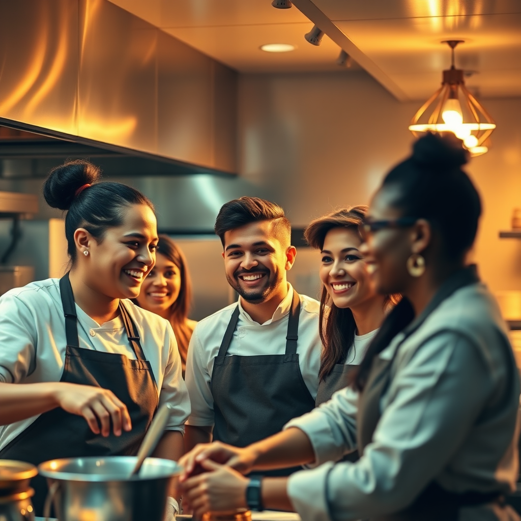 A warm and inviting image of a diverse restaurant team collaborating in a kitchen. The team is smiling and engaged, radiating positive energy and camaraderie. Soft, golden lighting accentuates the positive atmosphere and emphasizes teamwork. Focus on the human element and the power of collaboration.