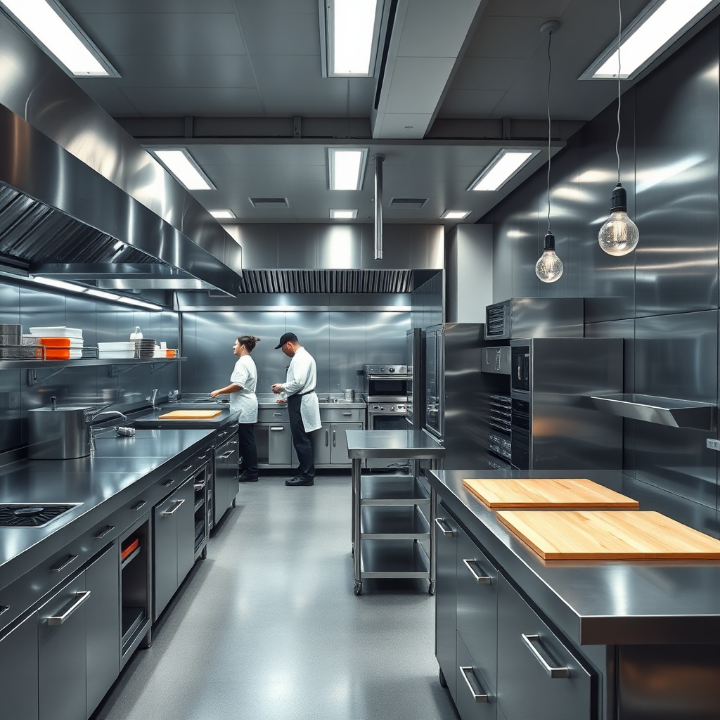 A wide shot of a modern commercial kitchen highlighting ergonomic workstations. The workstations are stainless steel with integrated cutting boards and ample storage. Chefs are working comfortably in the space. Lighting is bright and even, emphasizing the clean and efficient design. Camera angle is slightly elevated. Focus on the flow and functionality of the space. Style references: Modern architectural photography, emphasis on clean lines and efficient design. 4K resolution.