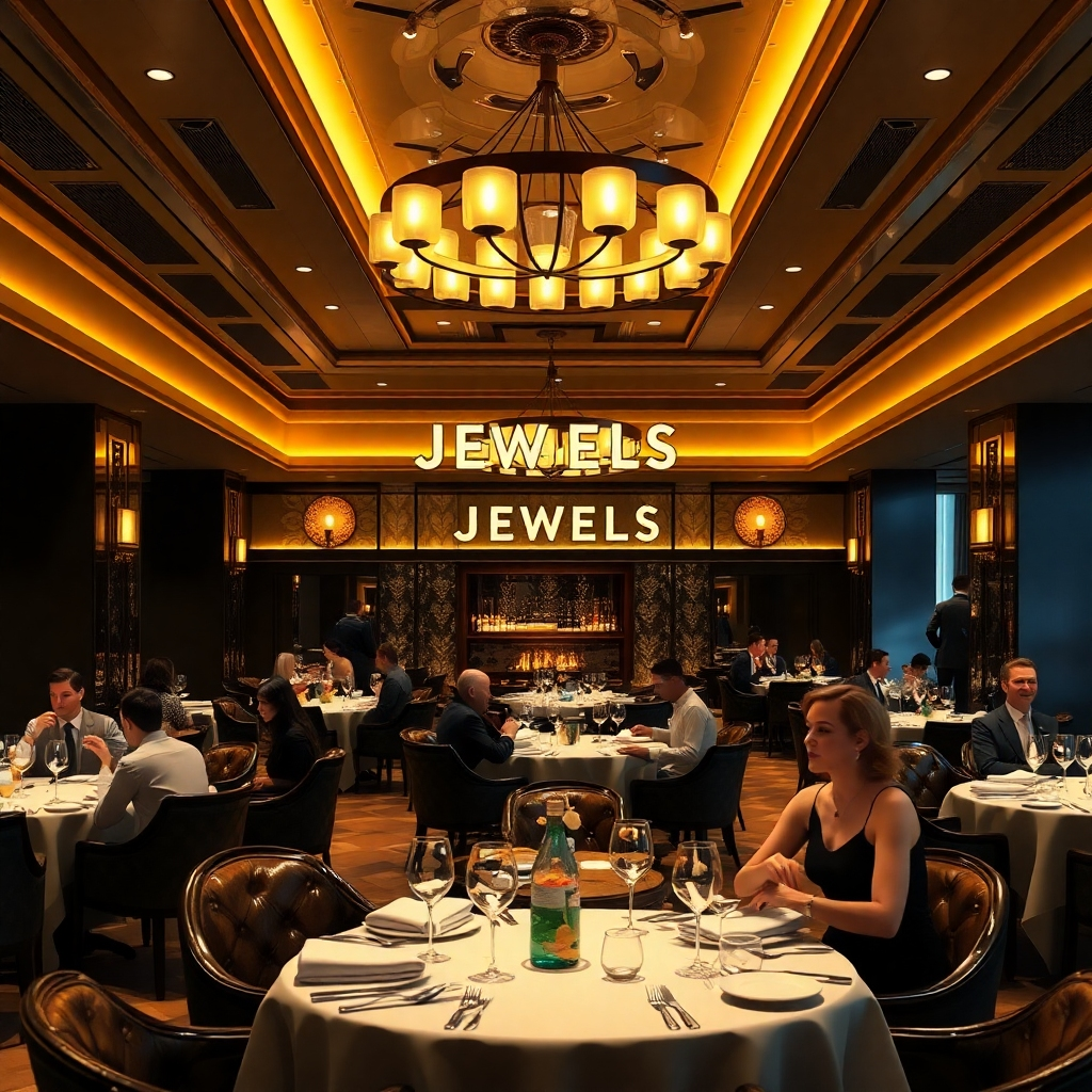 A wide shot of the JEWELS Restaurant dining area, showcasing the elegant decor, warm lighting, and luxurious ambiance.  The image should feature well-dressed patrons seated at tables, enjoying their meals and conversations.  The style should be photorealistic, with a focus on creating a warm and inviting atmosphere.