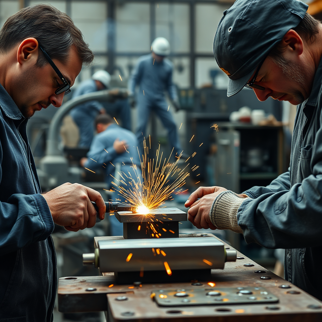 A workshop scene with skilled metalworkers crafting custom stainless steel kitchen components. Sparks are flying, and the focus is on the precision and craftsmanship involved. The camera angle is close and highlights the tools and the hands of the workers. Style references: Industrial photography, emphasis on craftsmanship and detail. 4K resolution.