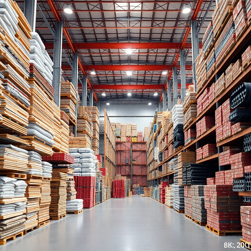 An ultra-high definition (8K) image showcasing a vast, well-organized warehouse filled with various high-quality construction materials.  The scene should be brightly lit, with soft, diffused lighting to highlight the textures and colors of the materials. The color palette should be rich and varied, reflecting the different materials: warm tones of wood, cool grays of concrete, vibrant reds of bricks, and shiny metallics of steel. The camera perspective should be from a slightly elevated position, allowing a comprehensive view of the organized stacks and rows of materials. Textures should be meticulously detailed, showing the grain of wood, the roughness of concrete, and the smooth surface of steel.  Include diverse materials like lumber, cement bags, steel beams, bricks, pipes, and insulation materials, carefully arranged and labeled.  The warehouse itself should be modern and clean, with high ceilings and bright, clean floors.  The style should be similar to product photography by renowned architectural photographers, focusing on clean lines, precise composition, and highlighting the high quality of the materials. The image should be hyperrealistic, emphasizing the quality and variety of construction materials offered. The overall mood should be one of efficiency, organization, and high quality.