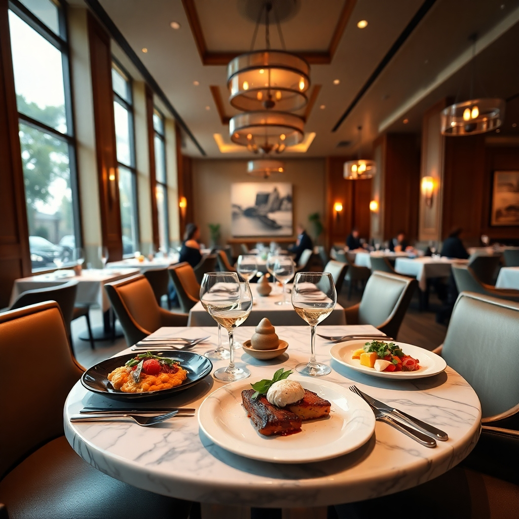 An ultra-high-definition, hyperrealistic image of JEWELS Restaurant's main dining area. The scene is beautifully lit by soft, diffused lighting from large windows and ambient overhead lights, creating a warm and inviting atmosphere.  The color palette is sophisticated and earthy, with warm wood tones, soft creams, and deep greens.  The main focus is a meticulously arranged table set for two, showcasing exquisite food plating; each dish a work of art with vibrant colors and textures.  High-end materials such as marble tabletops and luxurious chairs are featured. The camera angle is eye-level, slightly off-center, providing a sense of intimacy and inviting the viewer into the scene.  Environmental elements include a bustling yet peaceful atmosphere, with other elegantly dressed diners subtly visible in the background. The style emulates the work of renowned food photographers such as  (mention a photographer known for food photography) achieving 8K resolution and impeccable details; cutlery, glassware, and textures are incredibly lifelike.  Background elements showcase exquisite art and subtle, elegant decor.
