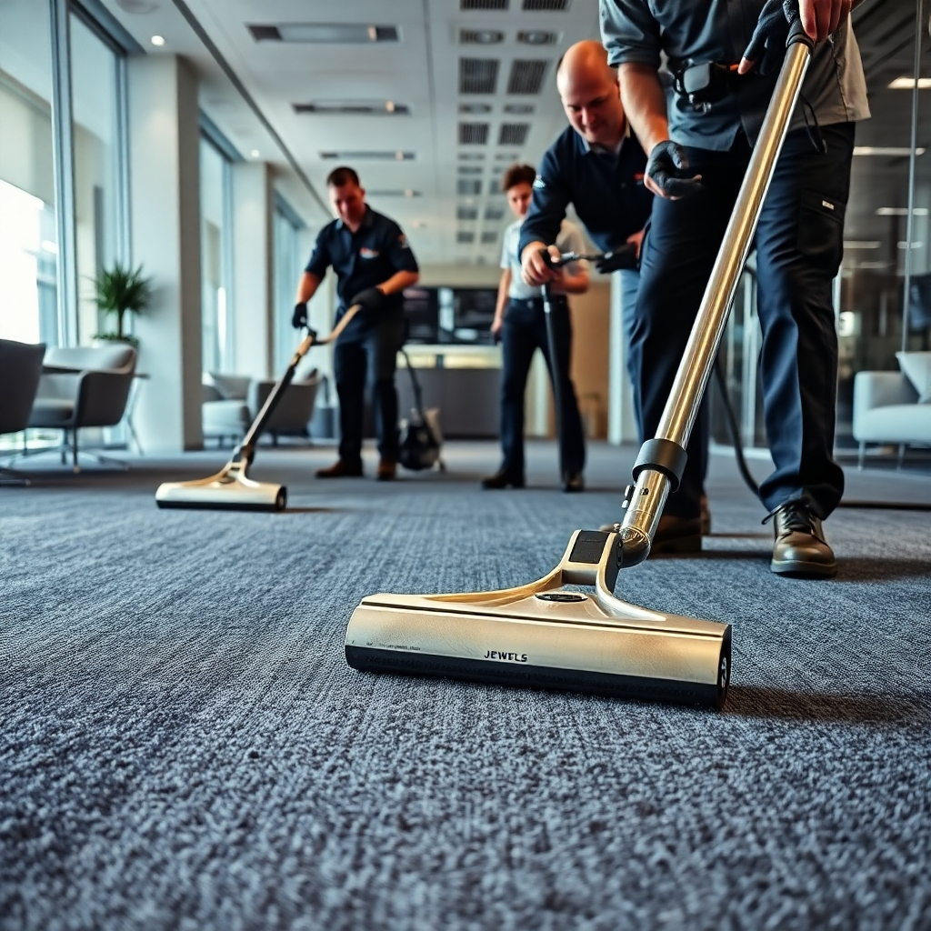 An ultra-high definition, photorealistic image, shot in a modern office setting with dramatic side lighting. A JEWELS team is shown efficiently cleaning a large, dark gray commercial-grade carpet using industrial-strength equipment.  The color palette is sophisticated and professional, emphasizing the clean lines and efficiency.  The image focuses on the detail of the carpet fibers before and after cleaning, highlighting the removal of stains and dirt. The technicians wear professional JEWELS uniforms. The viewpoint is from a slightly low angle, showcasing the scale of the operation and the detail of the equipment.  The texture of the carpet and the metallic shine of the equipment are emphasized. The background is a stylish office environment. Style: sharp and focused, similar to commercial photography of cleaning services.  Environmental elements: Modern office space with sleek furniture and minimal distractions. The scene is clean, organized and efficient.