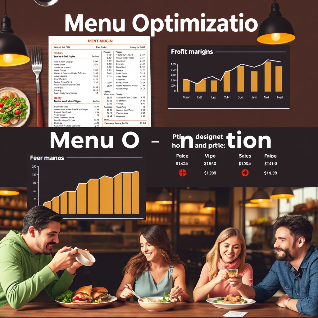 Create a visually appealing representation of menu optimization. Include elements like a well-designed menu, charts showing profit margins, and happy customers enjoying their meals. Use warm lighting and appetizing colors. Style reference: food marketing materials.