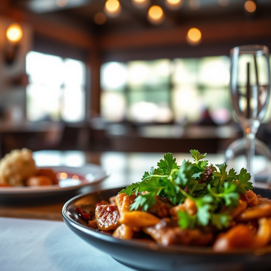 Create an image of a beautifully designed menu in a warm, inviting setting. Focus on the visual appeal of the menu items, with close-ups of delicious-looking dishes. Use warm lighting and rich colors to evoke a sense of appetite and indulgence. Style reference: food photography.