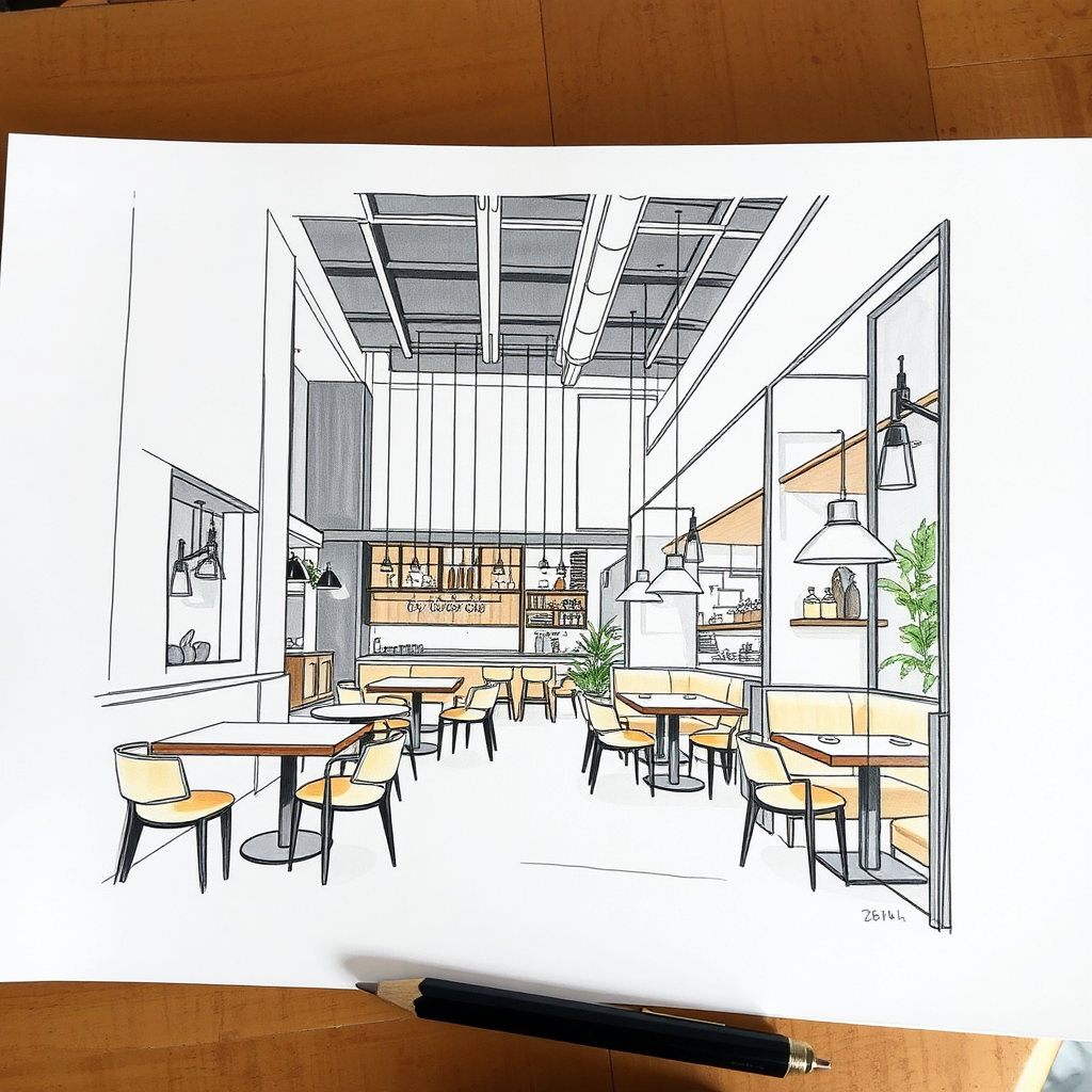 Depict a designer's sketch of a restaurant interior. Focus on the creative process and the visual representation of a new restaurant concept. Use soft lighting and muted colors. Style reference: architectural rendering.