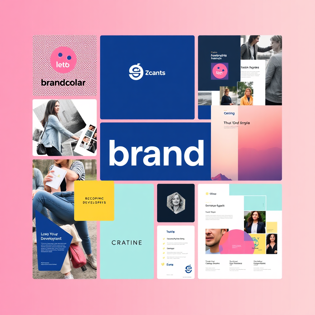 Design a collage of elements representing brand development: a logo design, a mood board, and marketing materials. Use a consistent color palette and design aesthetic. The overall feeling should be creative and inspiring. Style reference: graphic design portfolio.