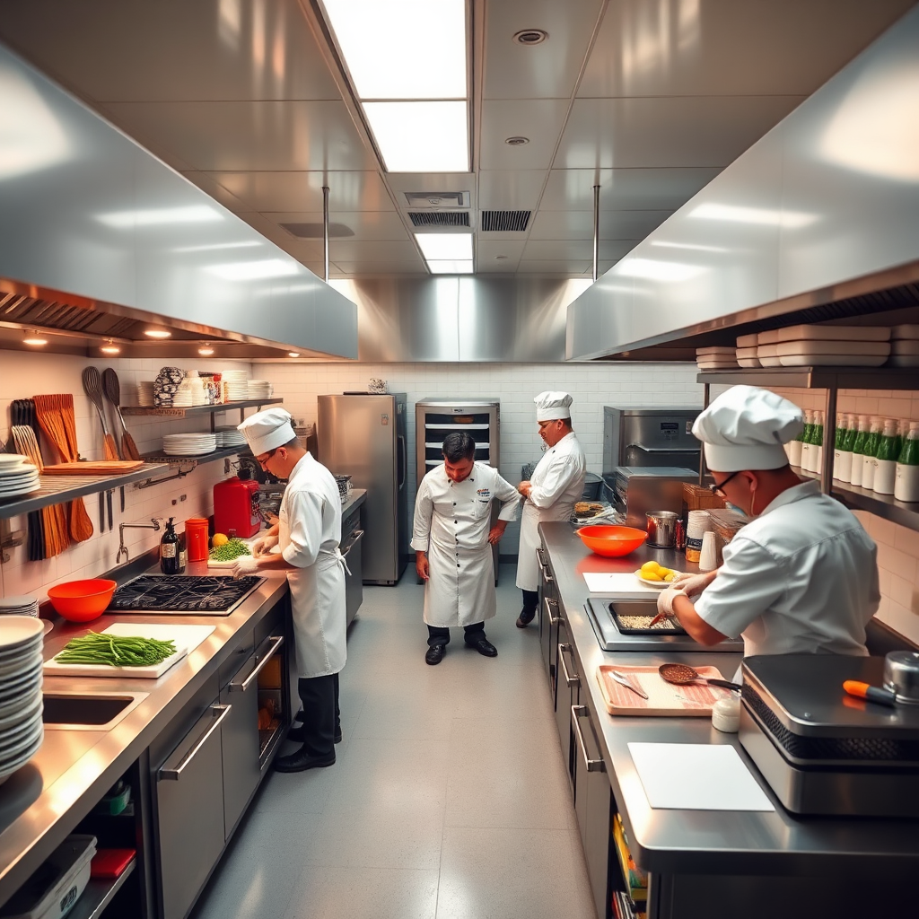Generate an image representing streamlined kitchen operations. Depict a top-down view of a well-organized kitchen with chefs moving efficiently, using color-coded tools and organized workstations. The lighting should be bright and focused, highlighting the clean surfaces and efficient movement. Use a slightly desaturated color palette to emphasize the orderliness. Style reference: stock photography.