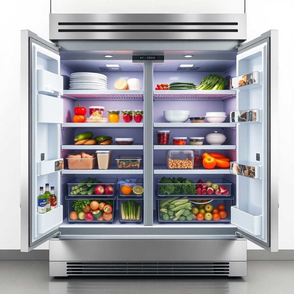 Photorealistic image of a professional-grade refrigerator, open to reveal neatly organized shelves filled with fresh ingredients. The lighting is bright and even, emphasizing the cleanliness and efficiency of the unit. Focus on the freshness of the produce and the advanced technology of the refrigerator. Style references: Appliance catalogs, emphasis on features and benefits. 4K resolution.