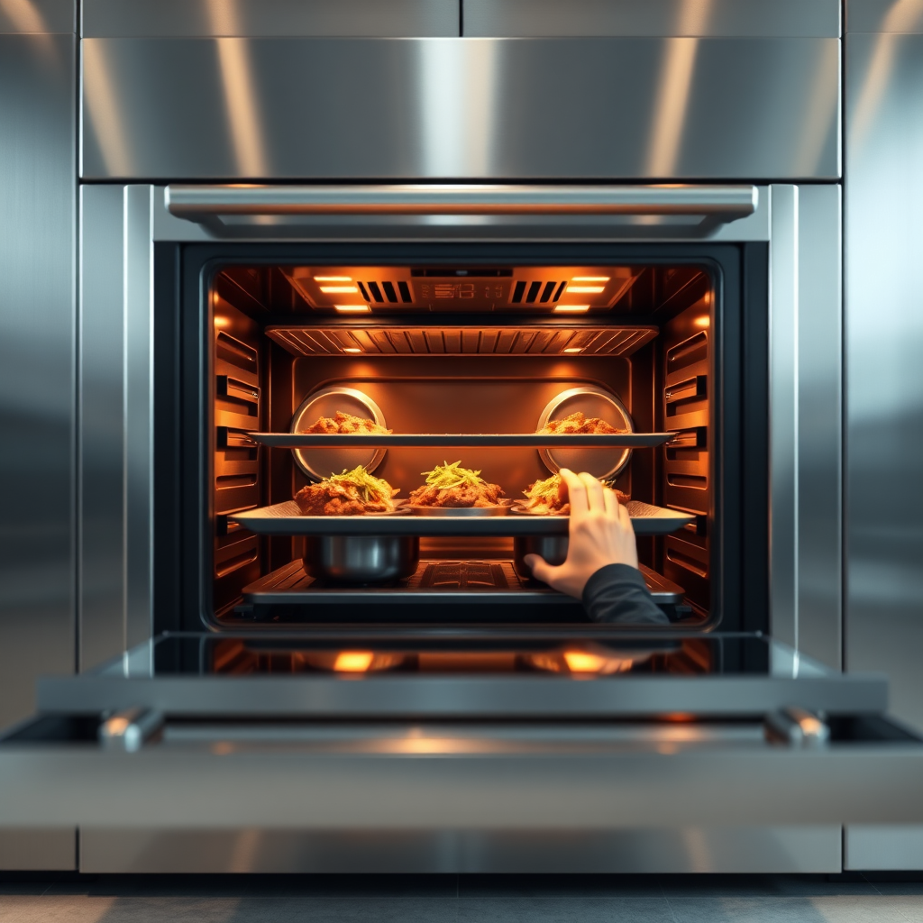 Photorealistic image of a state-of-the-art commercial oven. The oven should be stainless steel with a clear glass door showcasing several dishes cooking inside. Soft interior lighting highlights the food, creating a sense of warmth and efficiency. The camera angle should be slightly low, emphasizing the size and power of the oven. Consider adding a chef reaching into the oven, conveying ease of use. Style references: High-end appliance catalogs, emphasis on clean lines and functionality. 4K resolution.