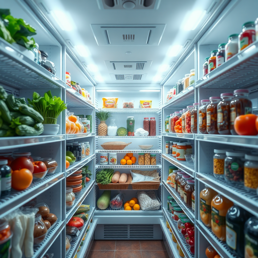 Photorealistic image of a walk-in refrigerator filled with fresh produce and ingredients. The shelves are neatly organized, and the lighting is bright and cool. The focus is on showcasing the freshness of the items. The camera angle should be slightly wide, giving a sense of space and abundance. Consider adding condensation on some of the containers to emphasize the cooling effect. Style references: Professional food storage publications, emphasis on organization and preservation. 4K resolution.