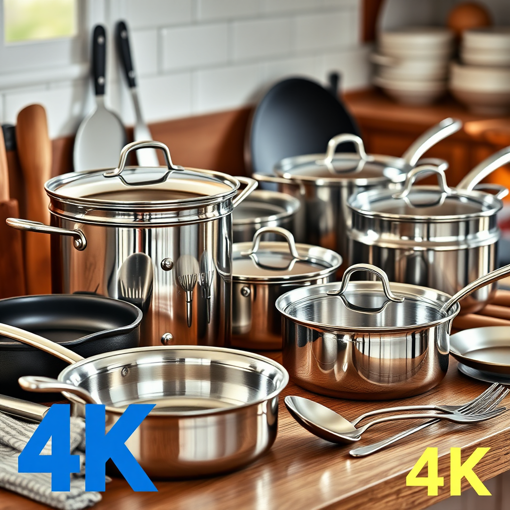 Photorealistic image showcasing a collection of high-quality cookware, including stainless steel pots, pans, and utensils. The items are arranged neatly on a wooden countertop, with soft, natural lighting highlighting their textures and materials. Focus on conveying the quality and craftsmanship of the items. Style references: Cookware advertising, emphasis on quality and durability. 4K resolution.