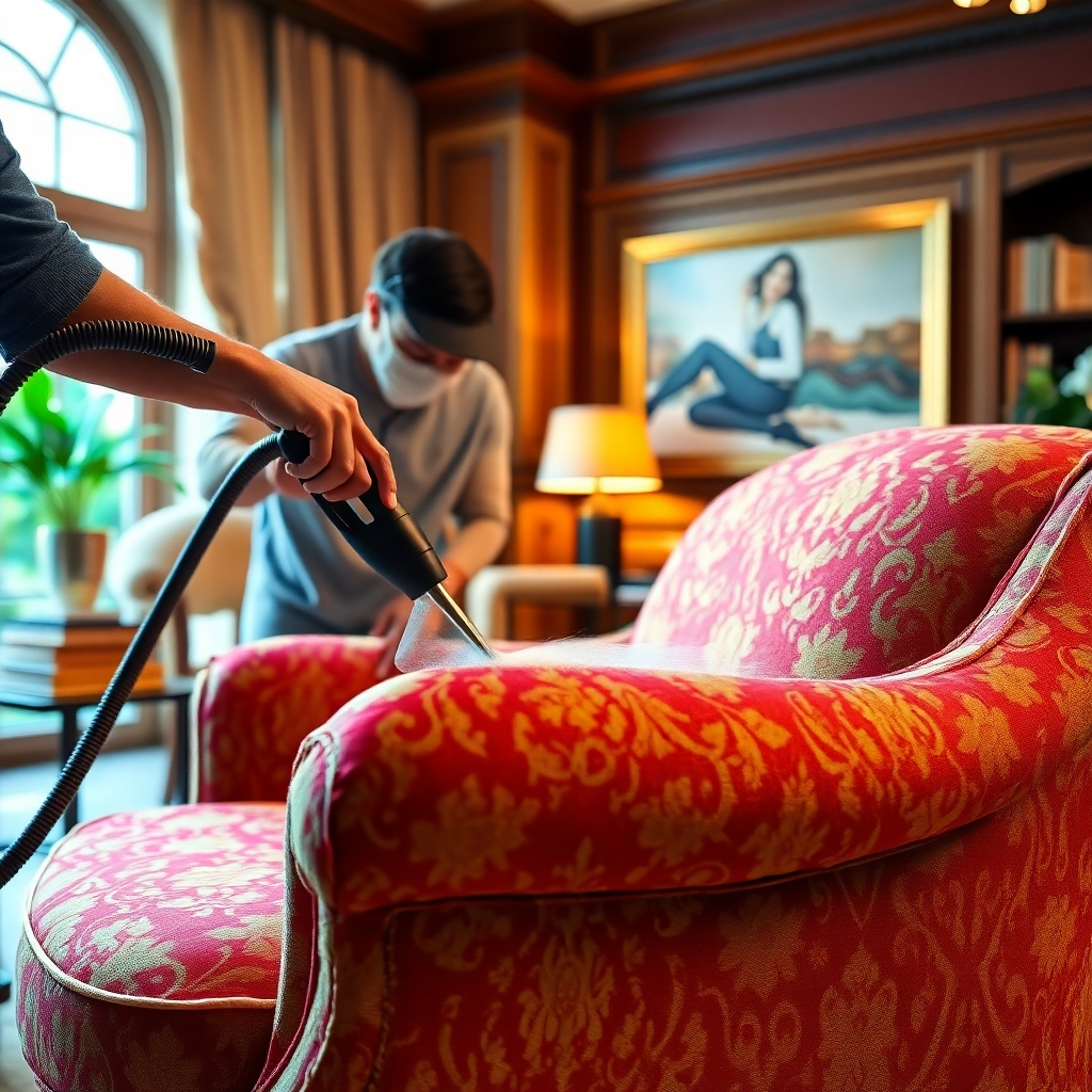 Photorealistic image, ultra-detailed, 8K resolution. Depicts a luxurious living room with soft, warm lighting. Focus is on a JEWELS technician carefully cleaning a vibrant, patterned armchair using specialized upholstery cleaning equipment.   Color palette is rich and vibrant, showcasing the colors of the fabric before and after cleaning. The before section shows visible stains and dirt. The after section shows a pristine, vibrant upholstery. Viewpoint is close-up, showcasing the texture of the fabric and the detail of the cleaning process.   Texture of the upholstery is emphasized: velvet-like smoothness of the cleaned section versus the rough texture of the dirty area. Materials: fine fabrics, luxurious furniture.  Background elements include the rest of the elegant living room, slightly blurred for focus.  Style reference: similar to high-end interior design and furniture photography. Environmental elements: Books, artwork, plants subtly visible in the background to create a luxurious feel.