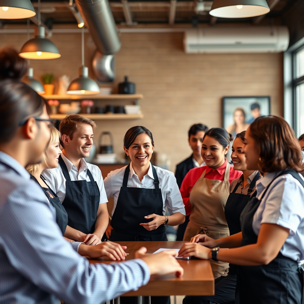Show a diverse group of restaurant staff participating in a training session. Focus on the interaction between the trainer and the staff. Use a bright and encouraging atmosphere. Style reference: corporate training videos.