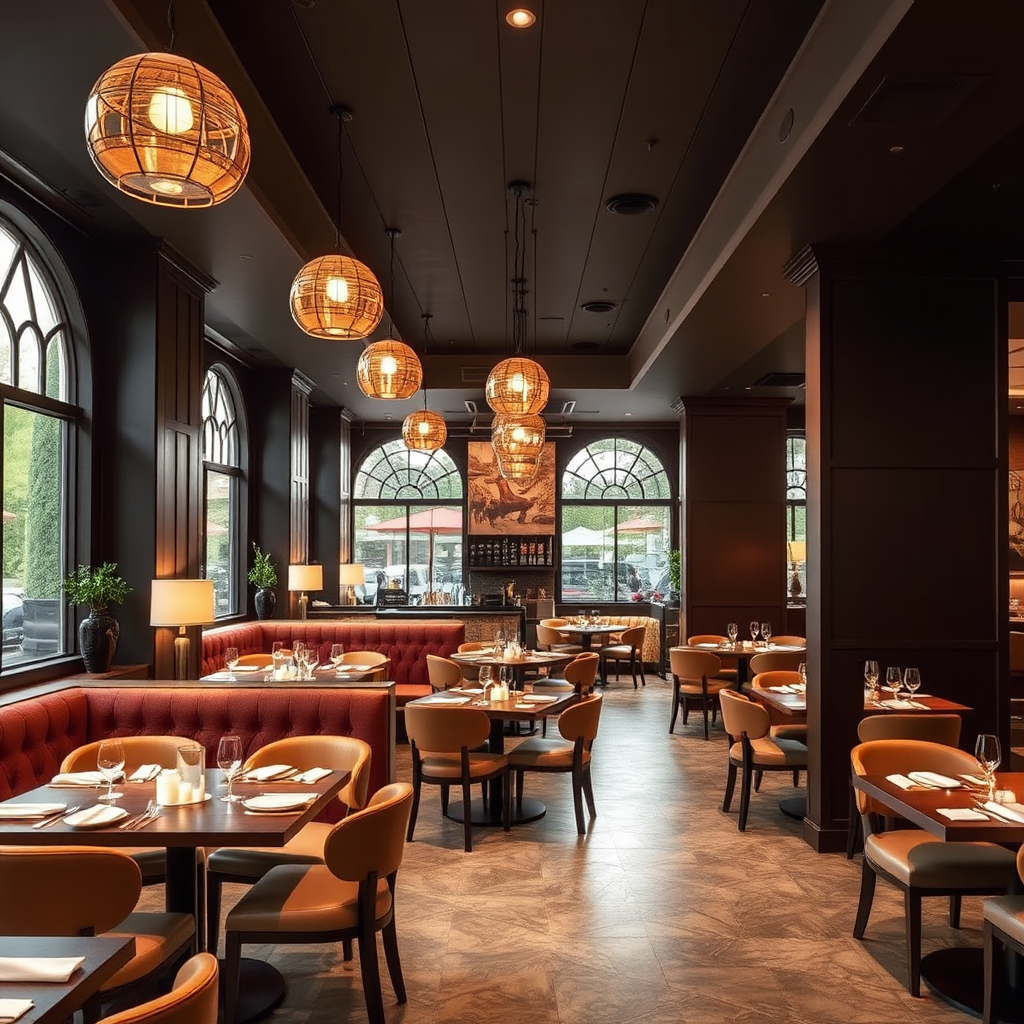 Showcase a beautifully designed restaurant interior. Focus on the ambiance, lighting, and furniture. Use warm and inviting colors. Style reference: interior design magazine.