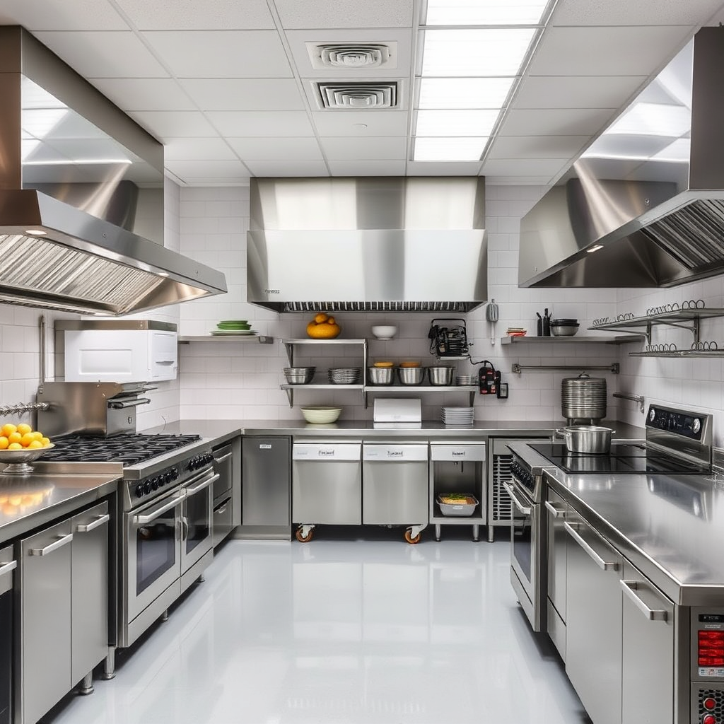 Showcase a modern, energy-efficient commercial kitchen with state-of-the-art equipment. Highlight the functionality and sleek design of the equipment. Use a clean, well-lit environment. Style reference: architectural photography.