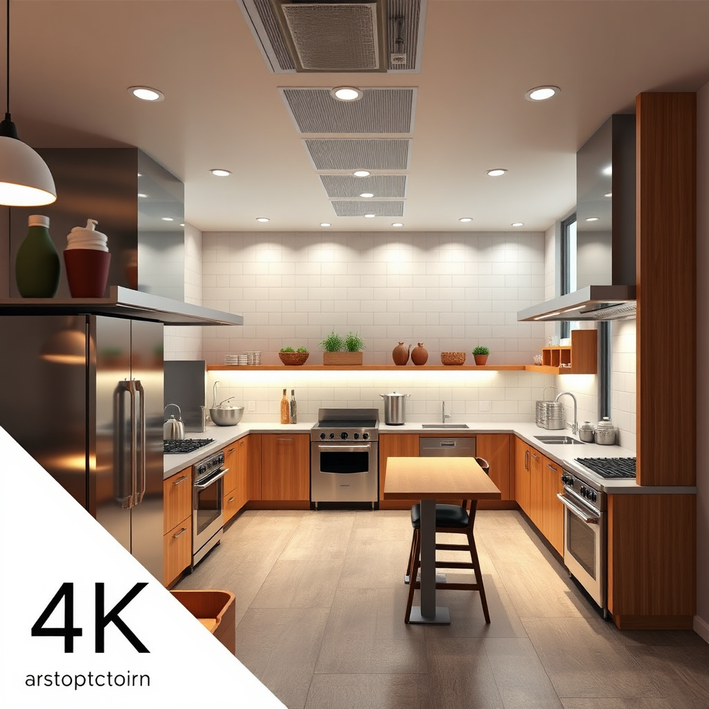 Stylized architectural rendering of a complete restaurant kitchen design. The design features a modern, open layout with stainless steel appliances, wood accents, and energy-efficient lighting. The camera angle is slightly elevated, providing an overview of the entire space. Consider adding a blueprint overlay to convey the design process. Style references: Architectural Digest, focus on modern design and functionality. 4K resolution.