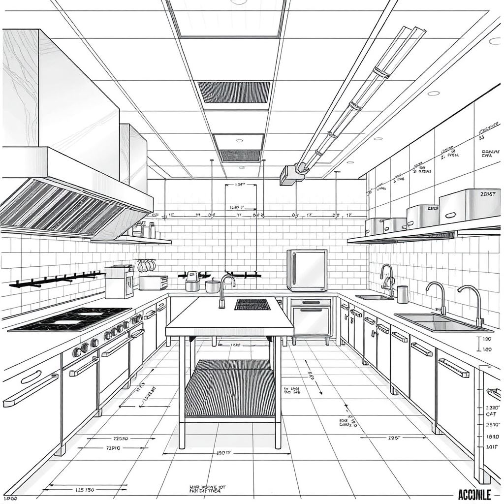 Visualize a detailed architectural blueprint of a modern, efficient restaurant kitchen. Highlight key areas like the cooking line, prep stations, and dishwashing area. Use a technical style with clear labels and measurements. The lighting should be bright and focused. Style reference: architectural drawings.