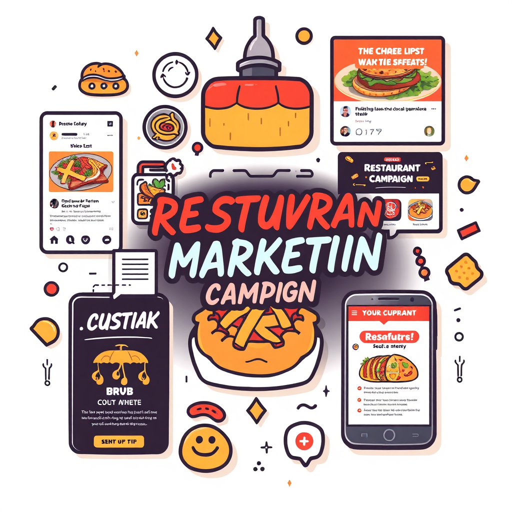 Visualize a successful restaurant marketing campaign. Include elements like social media posts, online advertisements, and customer reviews. Use a vibrant and engaging color palette. The overall feeling should be exciting and dynamic. Style reference: marketing agency website.