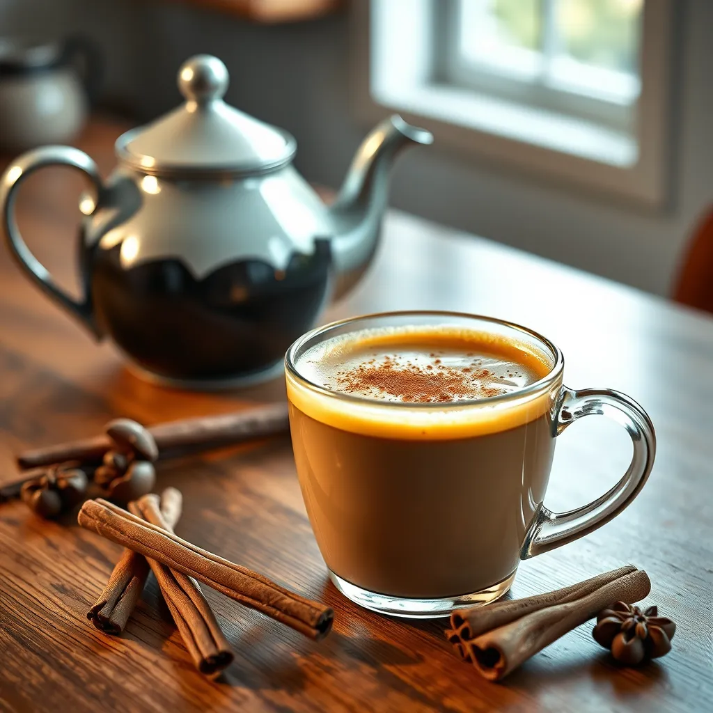 A beautifully arranged cup of vanilla spice bulletproof coffee with a sprinkle of cinnamon on top. The scene includes vanilla beans, a cinnamon stick, and an elegant teapot in the background, set on a cozy kitchen table.