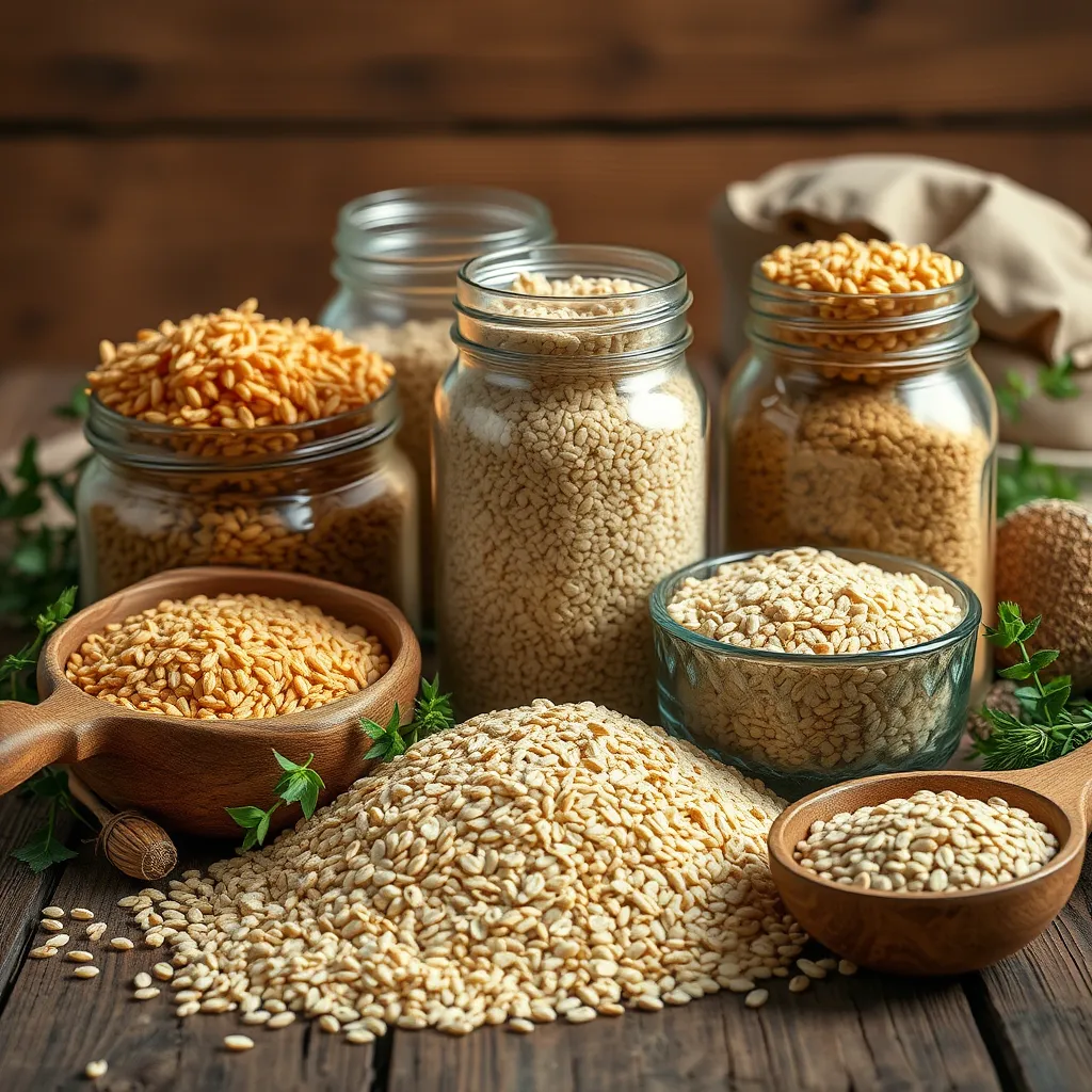 A beautifully composed, photorealistic image of a variety of whole grains, such as brown rice, quinoa, and oats, displayed in mason jars on a rustic wooden table, surrounded by greenery, highlighting their natural textures and earthy colors, evoking a sense of health and warmth.