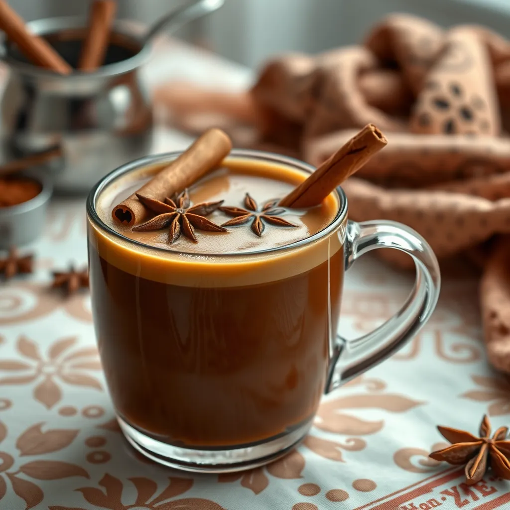 A beautifully crafted cup of Bulletproof coffee infused with aromatic chai spices, garnished with a cinnamon stick and star anise. It is placed on an elegant patterned tablecloth, with a small pot of chai spices and a warm scarf draped nearby, suggesting a cozy atmosphere.
