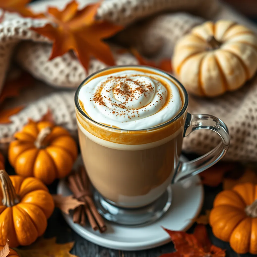 A beautifully crafted cup of pumpkin bulletproof coffee with swirling cream, garnished with a sprinkle of cinnamon and nutmeg on top. The backdrop showcases autumn leaves, miniature pumpkins, and a cozy blanket, exuding a warm, inviting atmosphere.