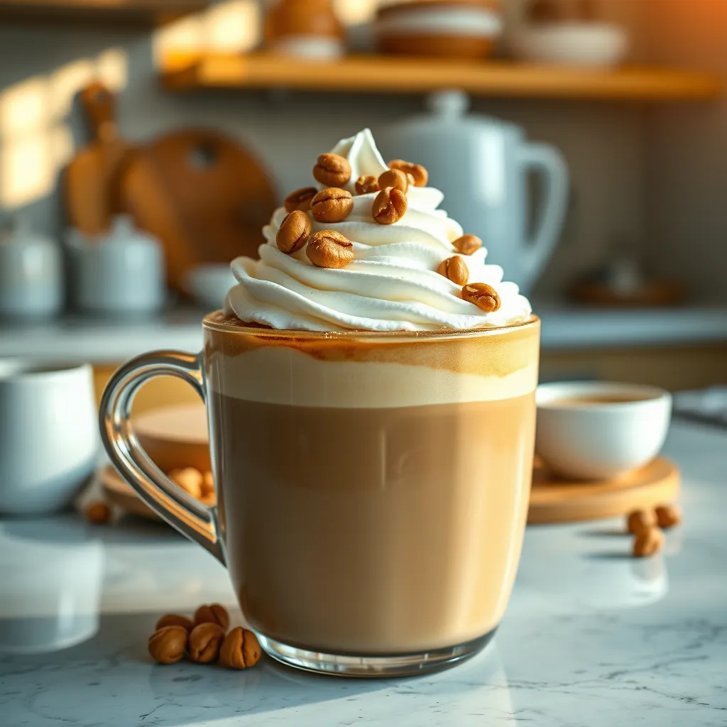 A beautifully styled latte cup filled with vanilla hazelnut bulletproof coffee, topped with whipped cream and hazelnuts, placed on a cozy kitchen counter with breakfast items in the background and warm sunlight illuminating the scene.