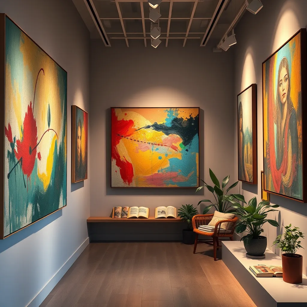 A breathtaking art gallery interior featuring contemporary artworks that evoke various emotions, with vibrant colors and expressive brush strokes. Soft, ambient lighting highlights the art, while a corner holds a tranquil reading nook filled with poetry books and decorative plants.