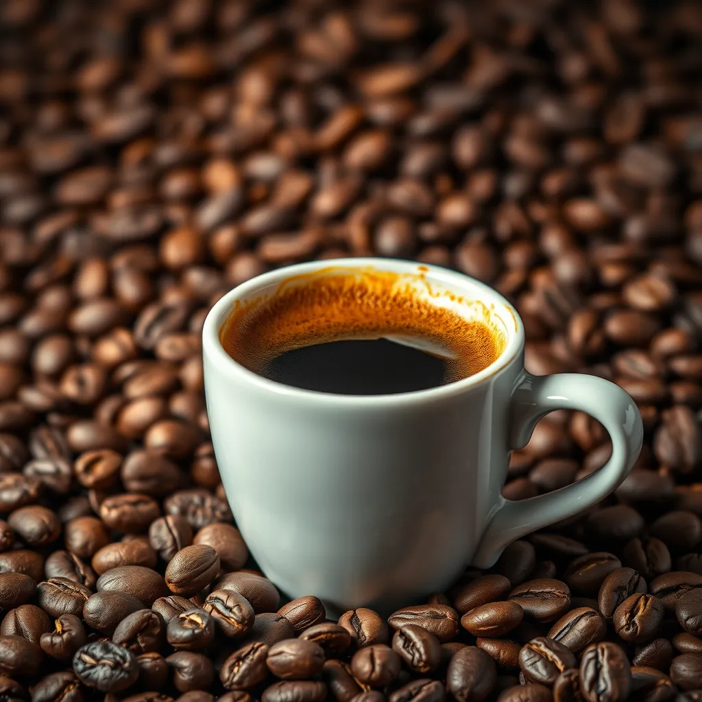 A close-up of a coffee cup filled with freshly brewed coffee, showcasing the crema on top. Surround it with various roasted coffee beans and a spectrum of coffee flavor notes displayed artfully in the background.