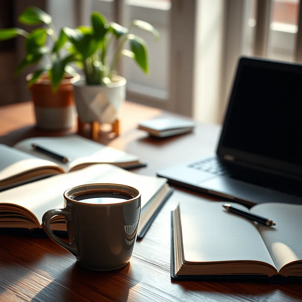 A close-up of a steaming cup of coffee on a wooden desk, surrounded by open notebooks and a laptop, with soft morning light illuminating the scene. The background should show a plant and a pen, conveying a productive workspace ambiance.