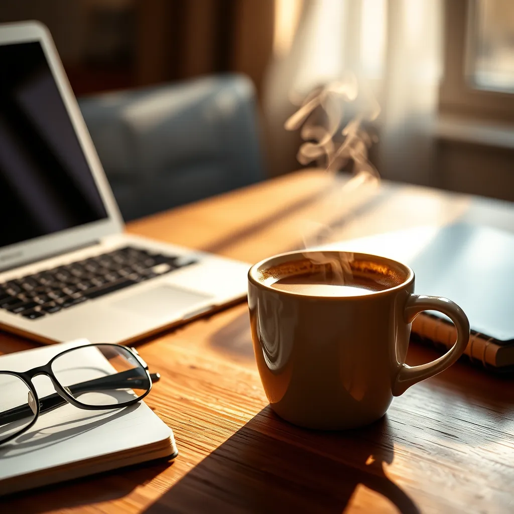 A close-up of a steaming cup of coffee placed on a wooden desk, surrounded by a laptop, notepad, and glasses. The coffee emits aromatic waves, symbolizing focus and clarity. Bright sunlight filters through the window, casting a warm glow over the scene.
