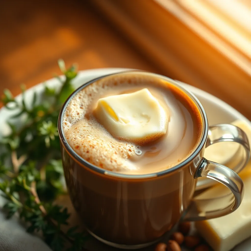 A close-up of Bulletproof Coffee topped with a dollop of creamy grass-fed butter, creating a rich, frothy texture. Surrounding the cup are fresh herbs and a slice of organic butter, with soft morning light streaming through a window.