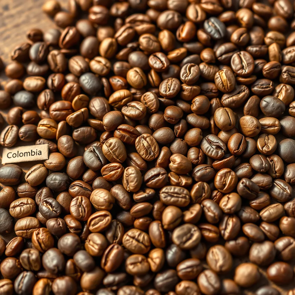 A close-up of various coffee beans in different colors and textures, arranged artistically on a wooden surface. Include labels indicating their origins (e.g., Colombia, Ethiopia, Brazil) and roasting levels (light, medium, dark), with natural lighting enhancing the beans' shine.