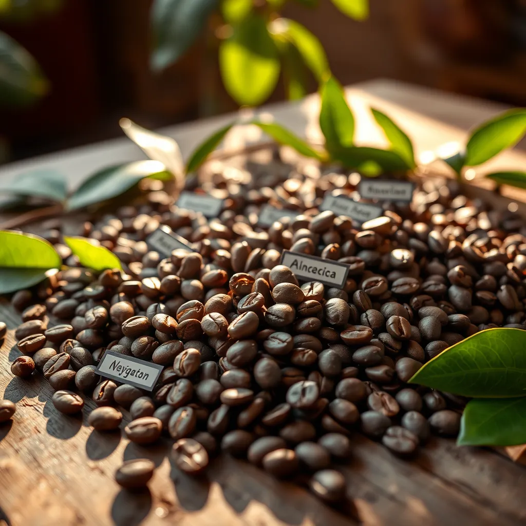 A close-up shot of various coffee beans from different regions, displayed on a rustic wooden table. Include labels of each bean's origin, surrounded by natural elements like green leaves and sunlight filtering through, creating an inviting and vibrant atmosphere.