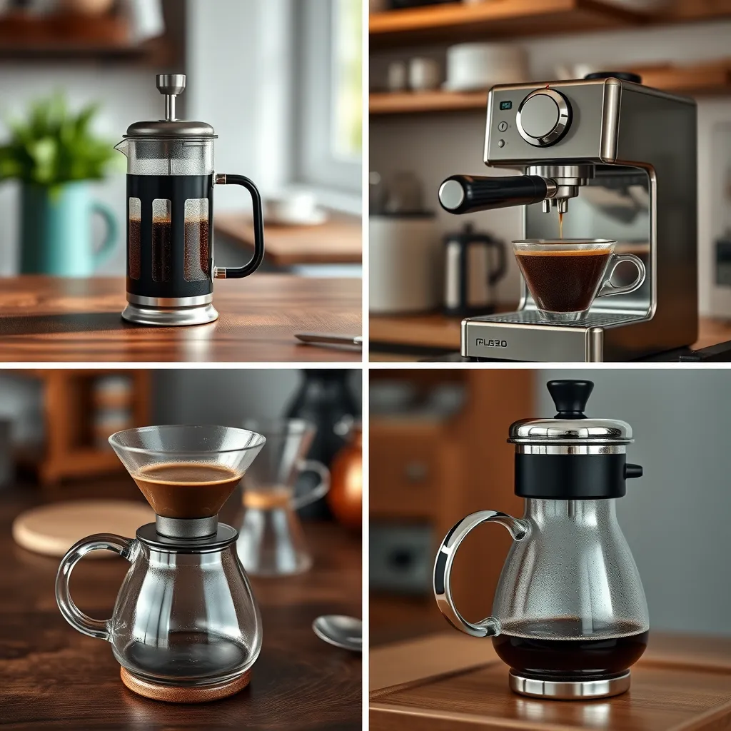 A collage of various coffee brewing methods: a French press on a wooden table, an espresso machine with rich crema, a pour-over setup with a glass coffee server, and a vintage drip coffee maker. Each method should be depicted in a cozy kitchen setting.