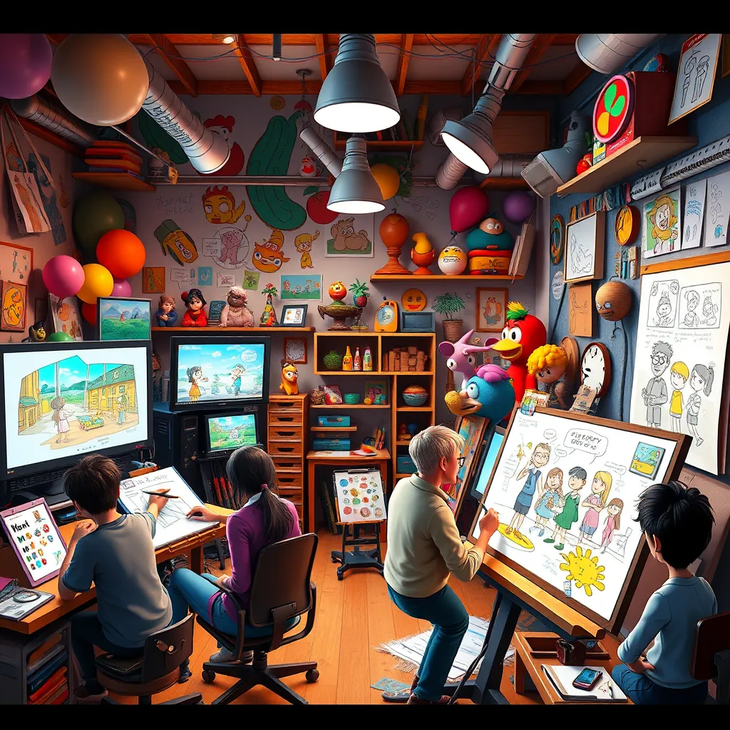 A colorful animation studio filled with creative characters and whimsical scenes. Artists are at work, sketching storyboards and animating characters on screens. The room is adorned with sketches and concept art, reflecting a dynamic and imaginative environment.
