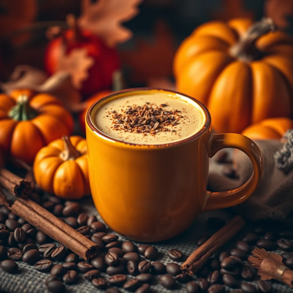 A cozy, photorealistic image of a Spiced Pumpkin Bulletproof coffee in a pumpkin-colored mug, with a sprinkle of cinnamon on top, surrounded by small pumpkins, cinnamon sticks, and coffee beans, set against an inviting autumn backdrop.