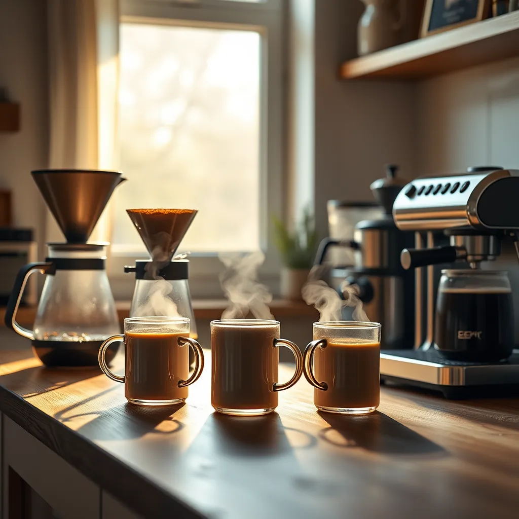 A cozy kitchen scene displaying various coffee brewing equipment, including a pour-over set, French press, and espresso machine. Soft natural light streaming through the window, highlighting steaming mugs of coffee placed on a wooden table, creating an inviting atmosphere.