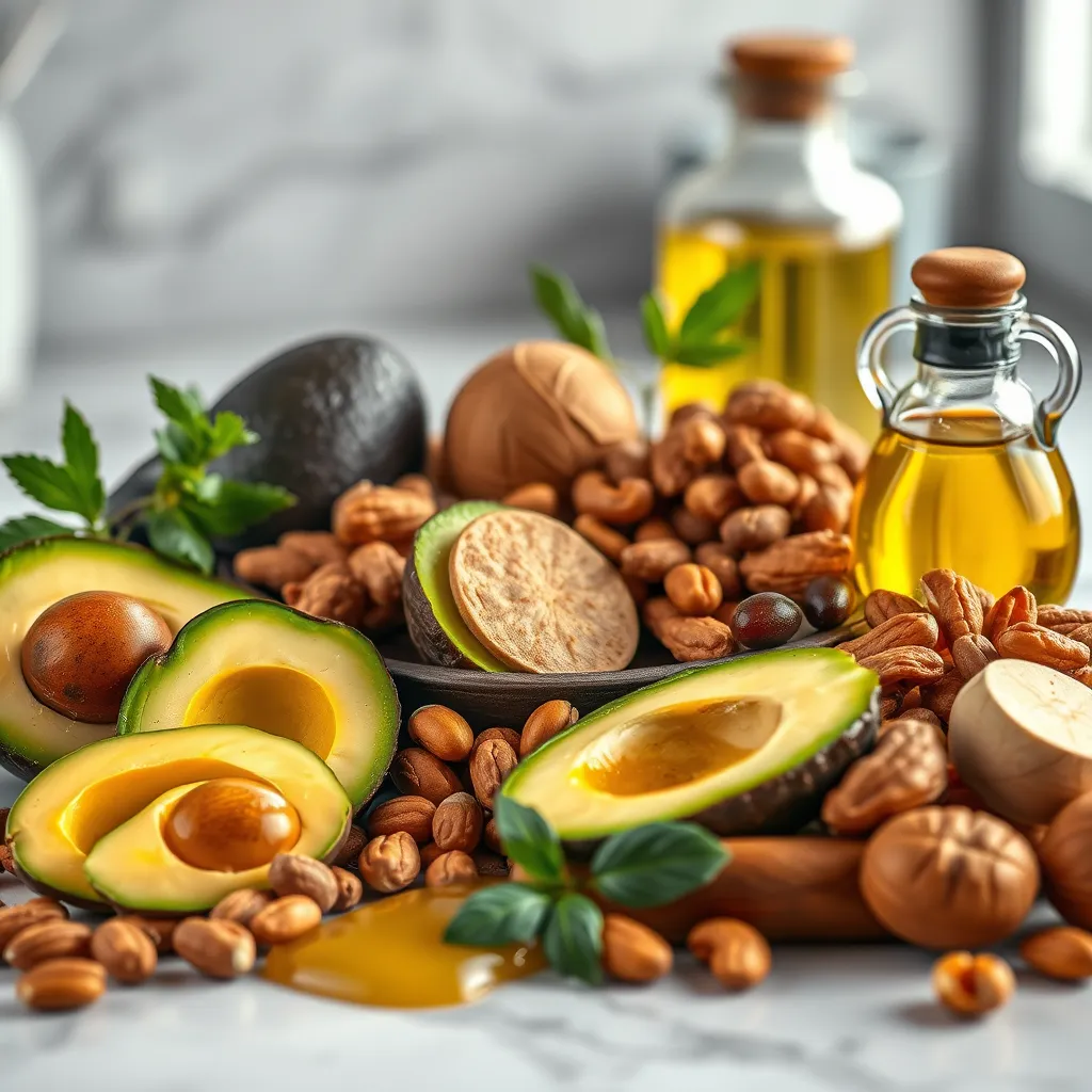 A detailed, photorealistic portrayal of a selection of healthy fats, featuring rich avocados, assorted nuts, and olive oil, elegantly arranged on a marble countertop, with fresh herbs and a soft-focus background, emphasizing richness and healthful indulgence.