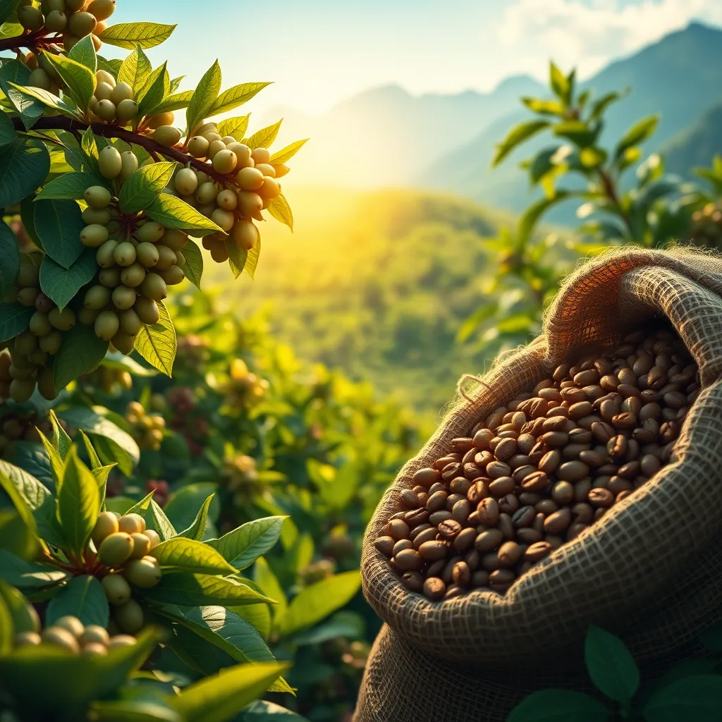 A detailed illustration of coffee beans in various stages: green beans on a coffee farm, beans being processed with sunlight filtering through, and roasted beans in a burlap sack. Include mountains in the background and vibrant green coffee plants.