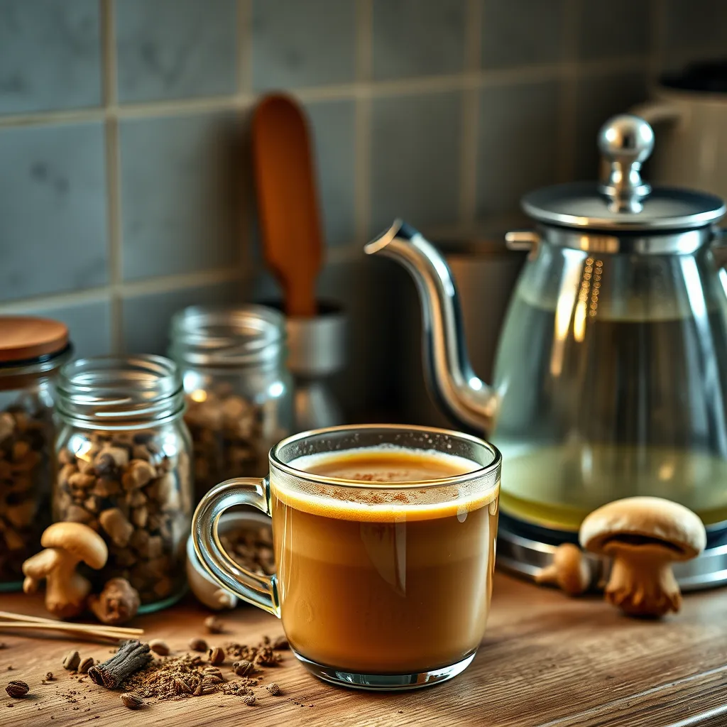 A detailed image of a cozy kitchen countertop with a vibrant cup of adaptogenic Bulletproof Coffee, garnished with a sprinkle of ashwagandha powder. Nearby, jars of herbal ingredients and mushrooms sit next to a sparkling teapot, creating an inviting and holistic ambience.