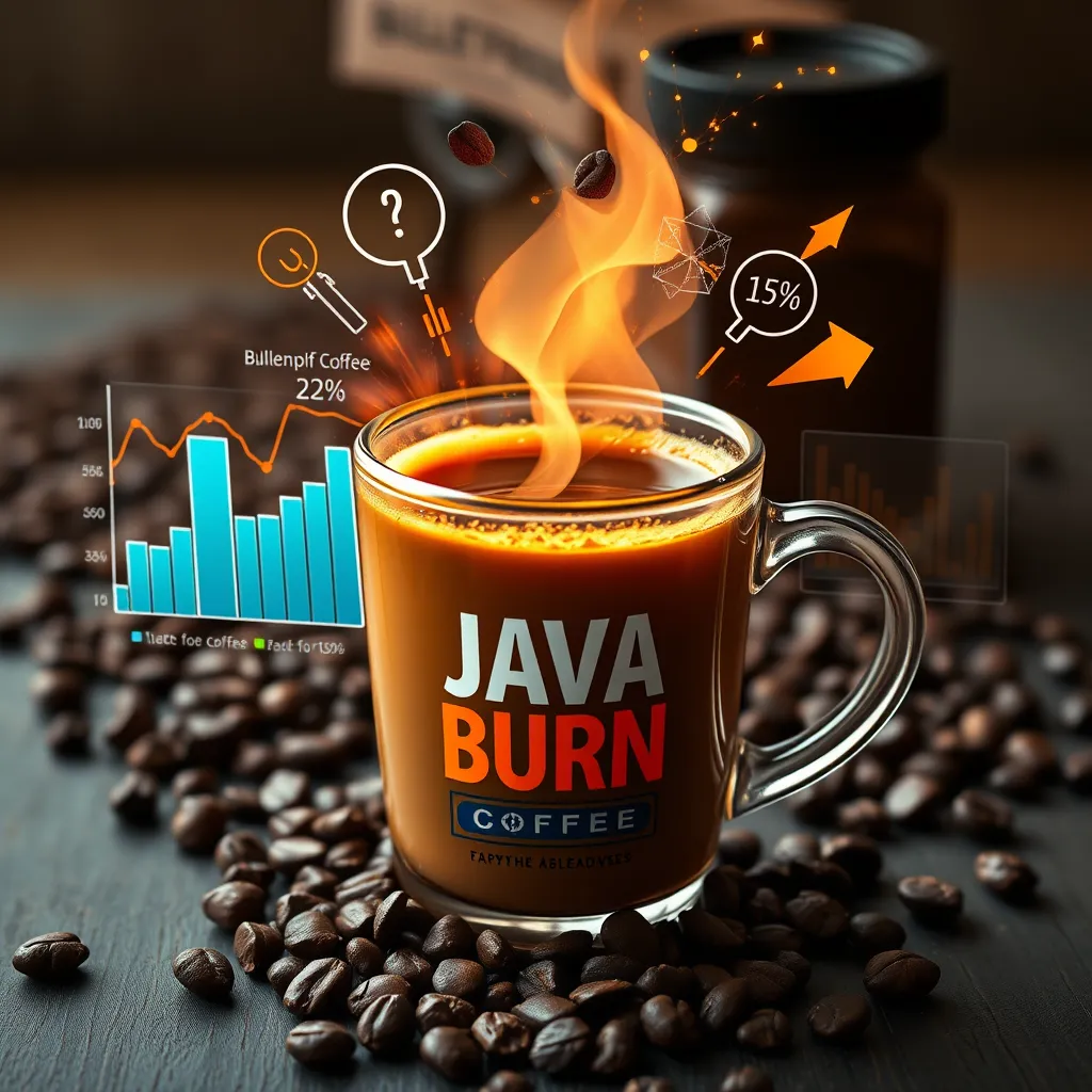 A dynamic and engaging illustration of the metabolic process with charts and bursts of energy around a cup of Java Burn Coffee, visually contrasting with dense, dark Bulletproof Coffee in the background, depicting energy flow and fat breakdown.
